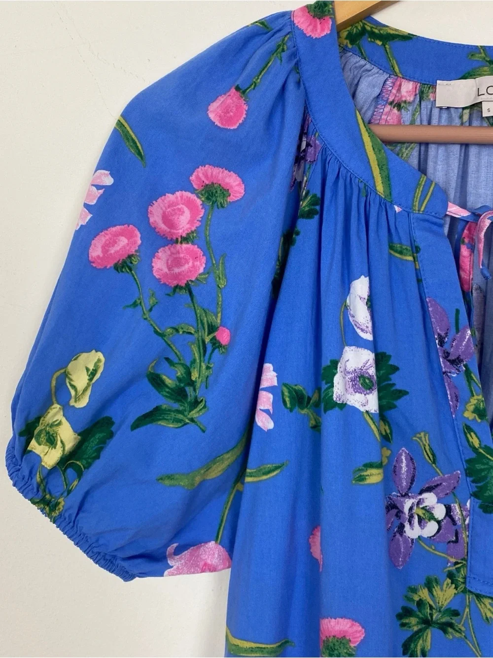 LOFT Womens Blouse Small Blue Floral  Puff Sleeve Sz S